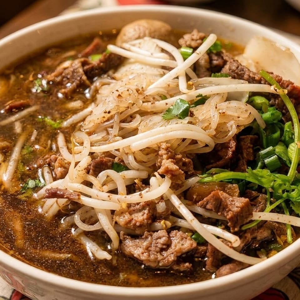 Hearty beef noodle soup with thin noodles, bean sprouts, green onions, and a rich dark broth.