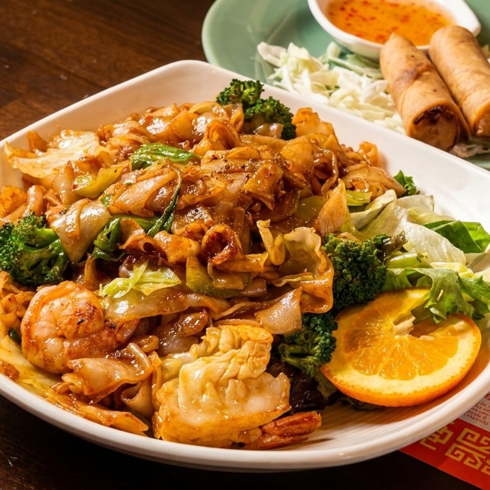 Pad See Ew with shrimp, broccoli, and cabbage, served with spring rolls and dipping sauce.