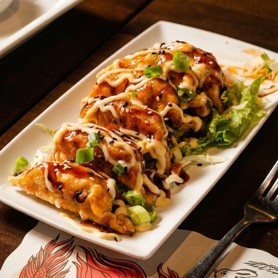 Plate of crispy pan-fried dumplings with sweet sauce, creamy mayo, sesame seeds, and green onions.