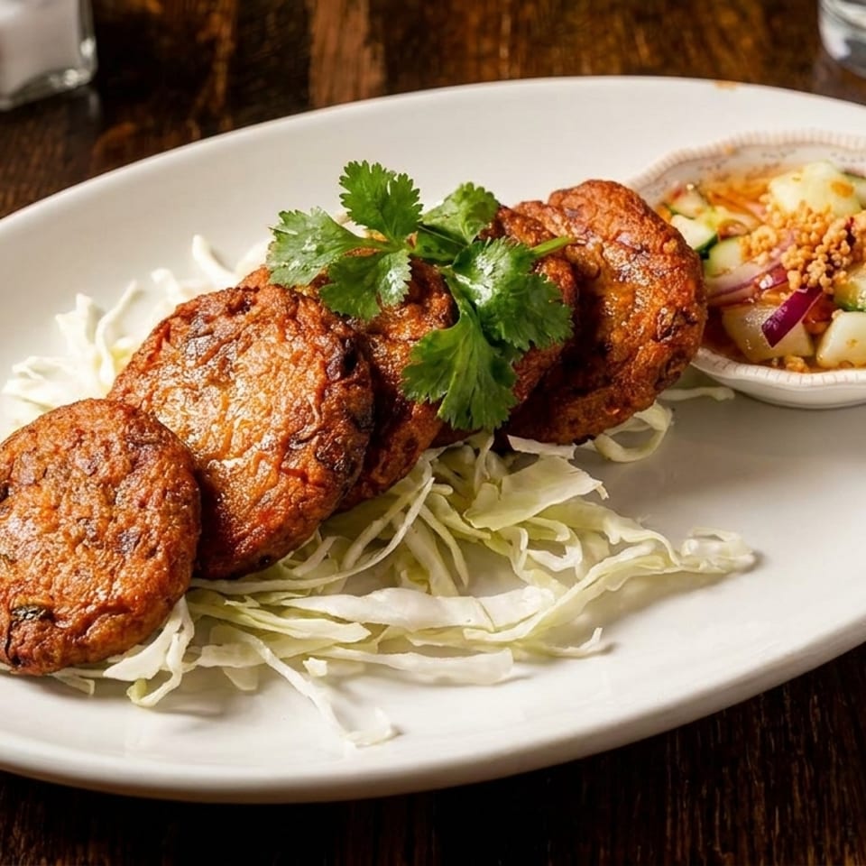 Five golden-brown fish cakes on shredded cabbage with cilantro and a side of cucumber dipping sauce.