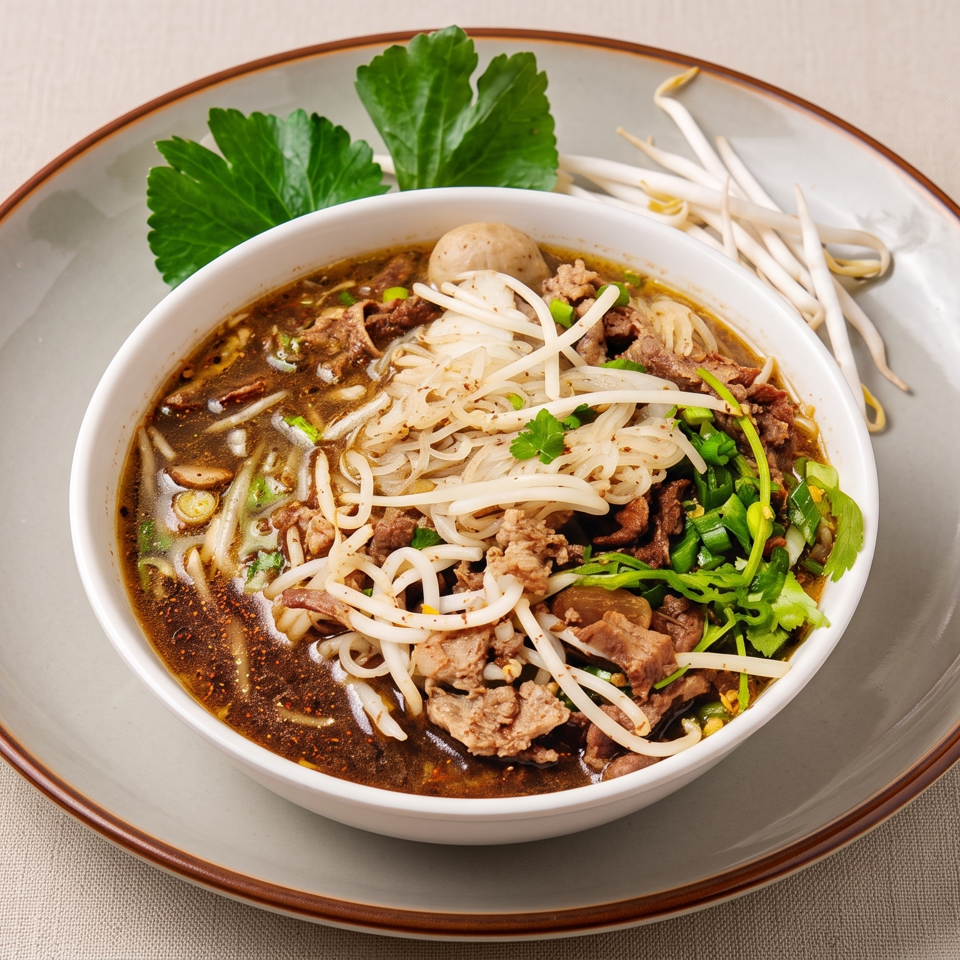 A bowl of dark broth noodle soup with beef, bean sprouts, and green onions on a gray plate.